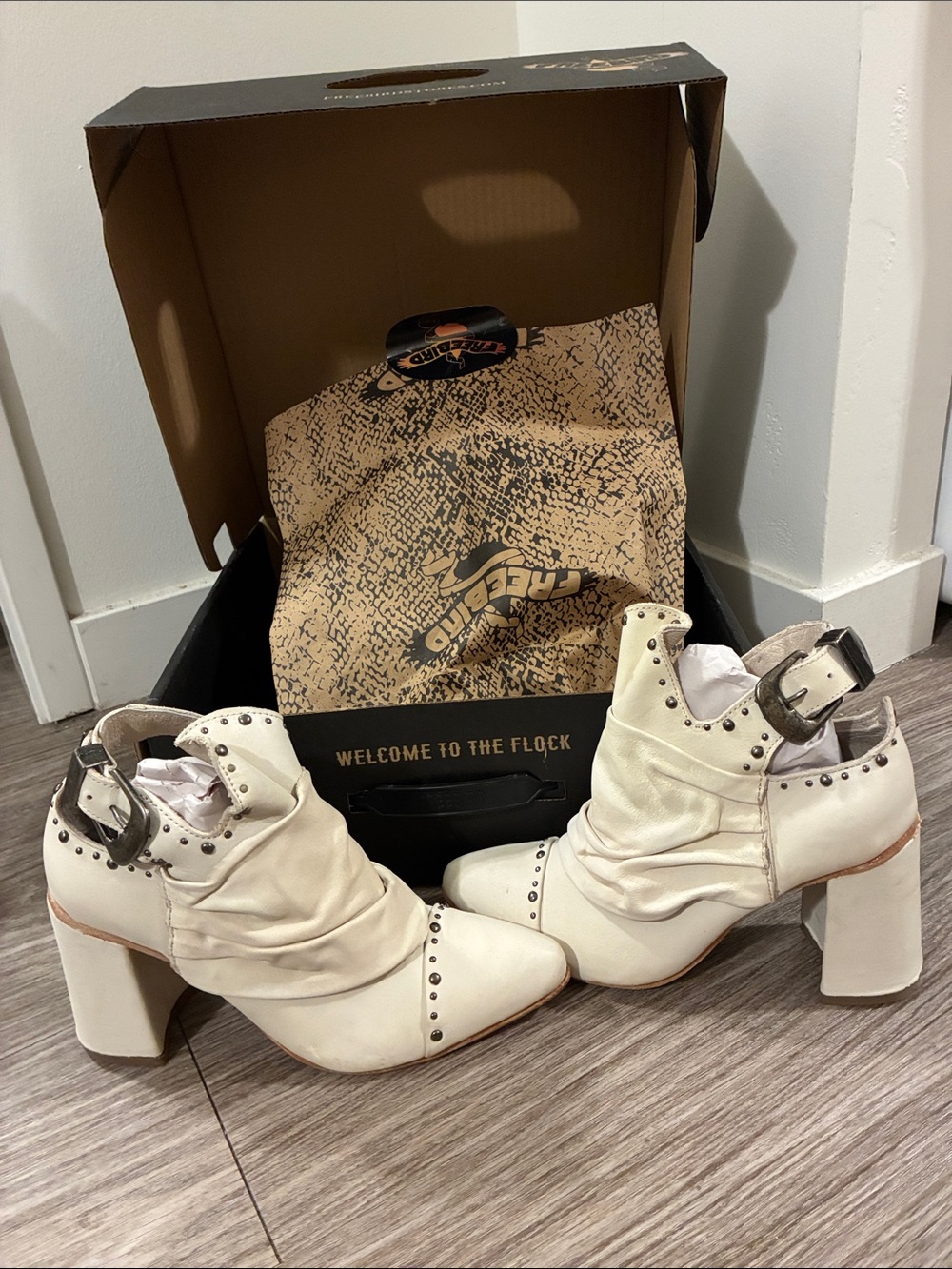 Freebird by Steven Ivory Ruffled Leather Ankle Booties with Studs
